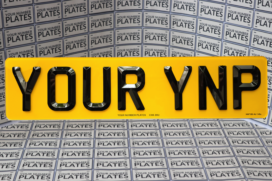 Close up of road legal UK number plate showing supplier details and BS AU 145e marking